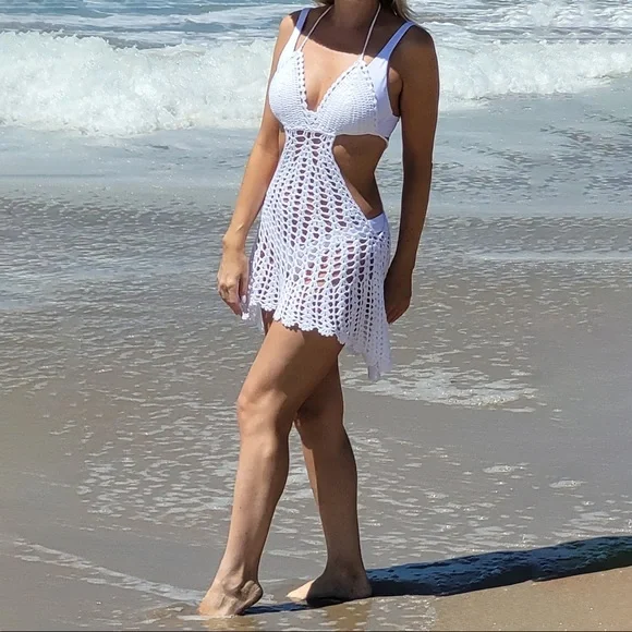 crochet mini beach dress cover up Geometric Crochet Mini Beach Dress Cover-Up Gottex Beach Life main image 0